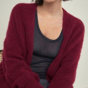 MYSTREE Burgundy Mohair Open Cardigan | Tie Waist | Classy Cozy Casual Sweater